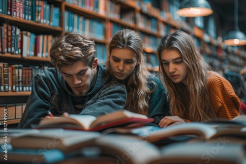 Three university students intently studying together in a library, surrounded by bookshelves