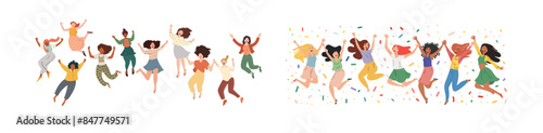 This illustration shows a happy group of people enjoying their holiday, success and joy by jumping up together. Victory and triumph expressions on a flat white background.