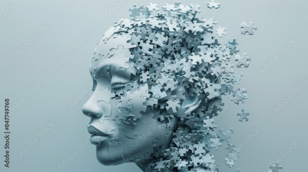 Intricate Human Head Made of Interlocking Puzzle Pieces: Symbolizing Complexity and Fragmentation of Human Thought and Identity Against a Light Blue Background Intricate Human Head Made of Interlocking Puzzle Pieces: Symbolizing Complexity and Fragmentation of Human Thought and Identity Against a Light Blue Background