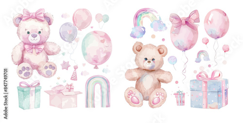 This watercolor illustration set includes baby teddy bears and cute elements
