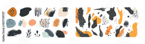 A grungy, random, irregular linocut and abstract freeform elements. Smooth blobs created by charcoal pencil scribbles, contemporary random stains. Modern illustration of black, round, uneven, rough