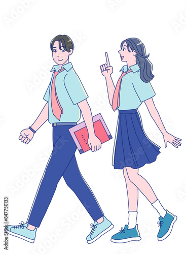 笑顔で歩く制服を着たアニメ風の男女の学生