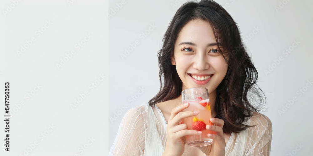 A woman holding a strawberry lemonade and smiling against a light background. A woman holding a strawberry lemonade and smiling against a light background.