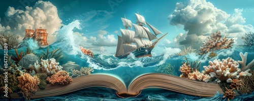 An artistic depiction of an open book with a sailing ship and sea life emerging from its pages photo