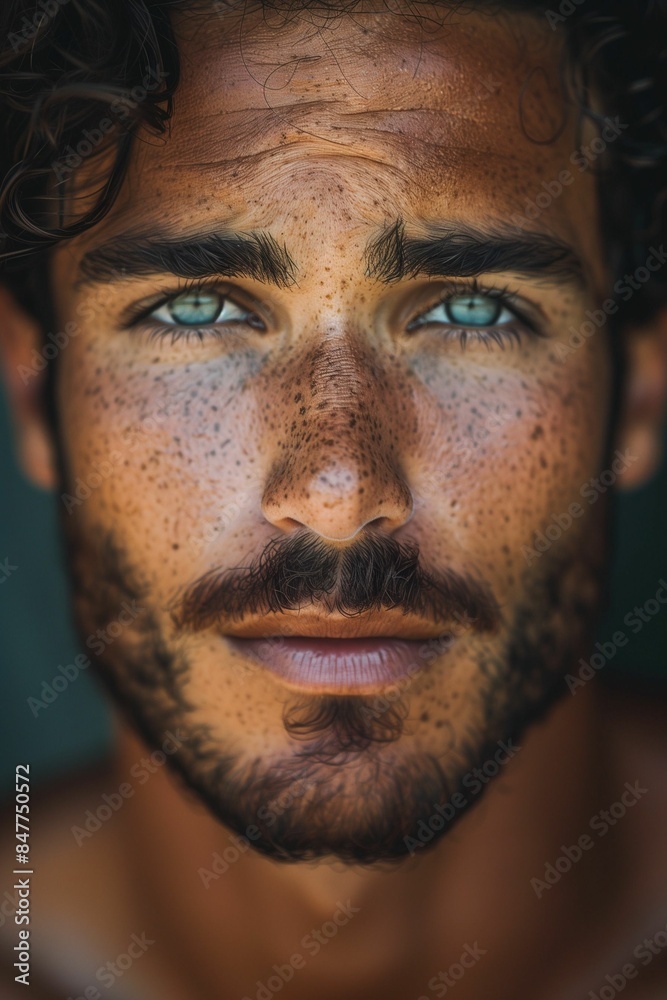 Fototapeta premium AI generated illustration of a close-up portrait of a male model with freckles and blue eyes