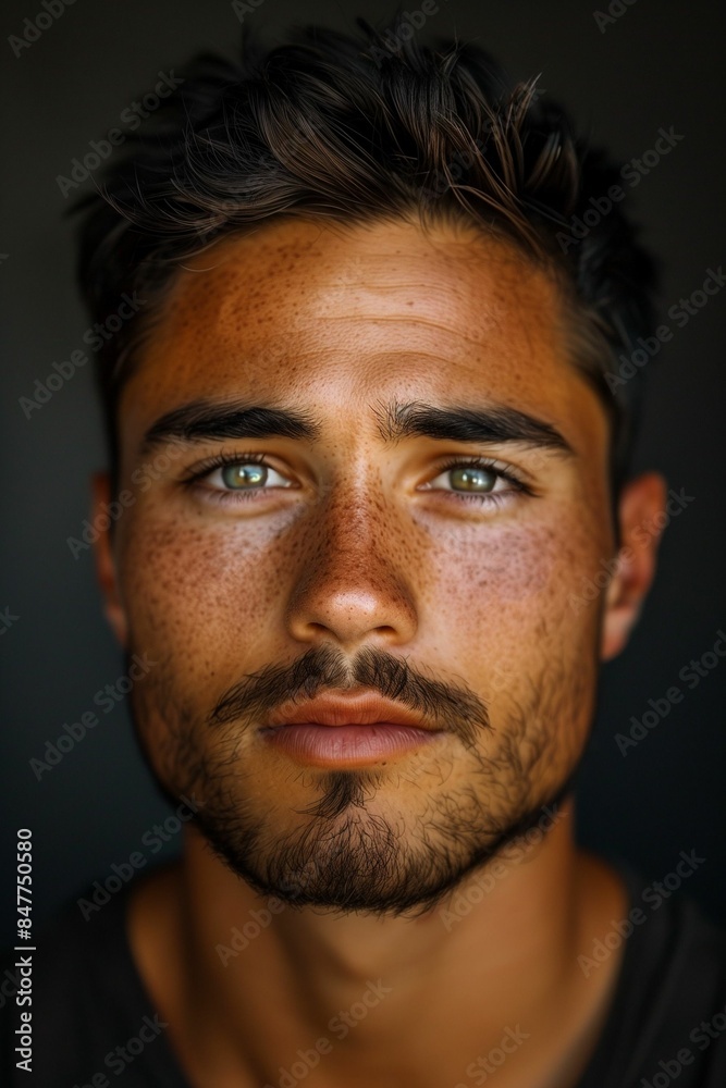 AI generated illustration of a close-up portrait of a male model with freckles and green eyes AI generated illustration of a close-up portrait of a male model with freckles and green eyes