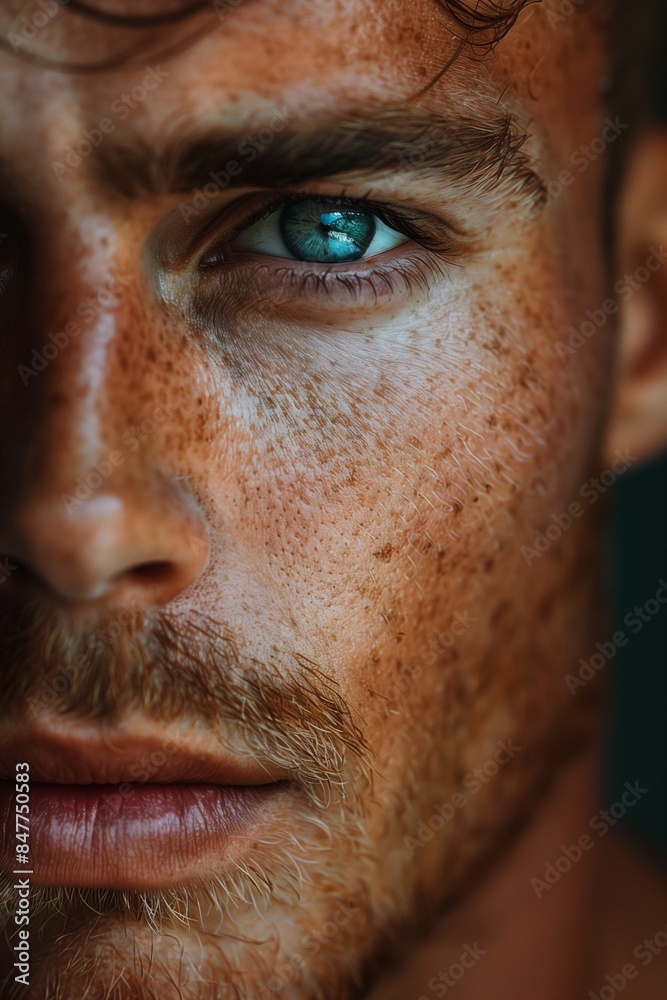 Fototapeta premium AI generated illustration of a close-up portrait of a male model with freckles and blue eyes