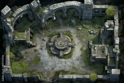 DnD Battlemap Ruined temple ruins - Stone statues in overgrown site.