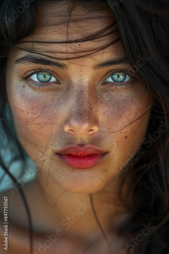 AI generated illustration of a close-up portrait of a female model with green eyes and freckles © Wirestock