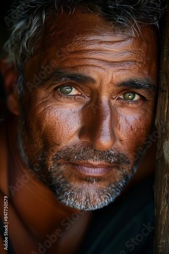 AI generated illustration of a close-up portrait of an older male model with green eyes