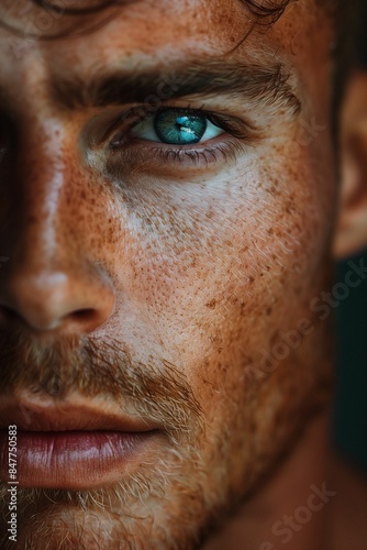 AI generated illustration of a close-up portrait of a male model with freckles and blue eyes