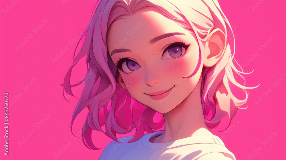 Adorable Smiling Cartoon European Girl on Vibrant Pink Background Adorable Smiling Cartoon European Girl on Vibrant Pink Background