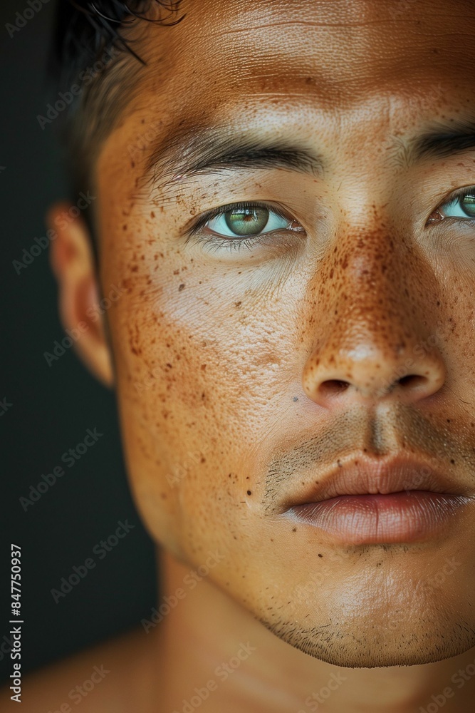 AI generated illustration of a close-up portrait of a male model with freckles and green eyes AI generated illustration of a close-up portrait of a male model with freckles and green eyes