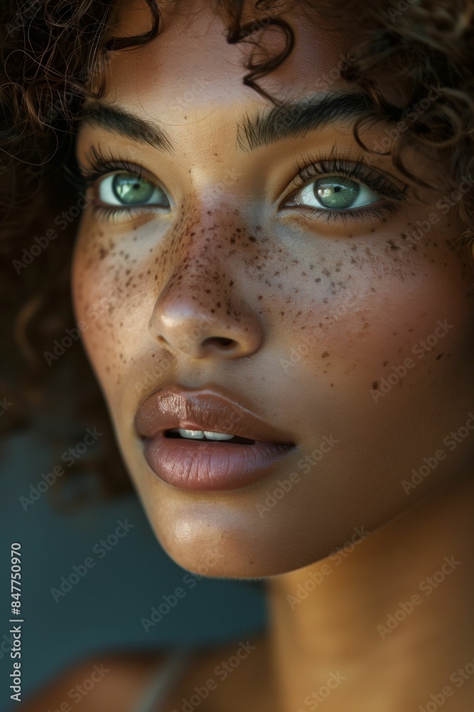 AI generated illustration of a close-up portrait of a female model with green eyes and freckles AI generated illustration of a close-up portrait of a female model with green eyes and freckles