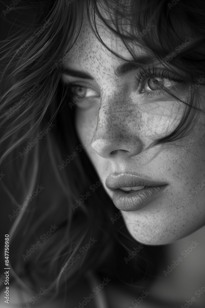 AI generated illustration of a black and white close-up portrait of a young woman with freckles AI generated illustration of a black and white close-up portrait of a young woman with freckles