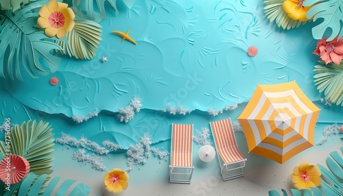 3d paper paradise bright sunny colors island beach umbrella two lounge chairs tropical beach background copy space