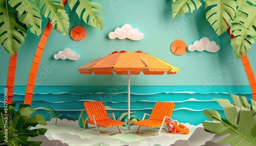 3d paper paradise bright sunny colors island beach umbrella two lounge chairs tropical beach background copy space