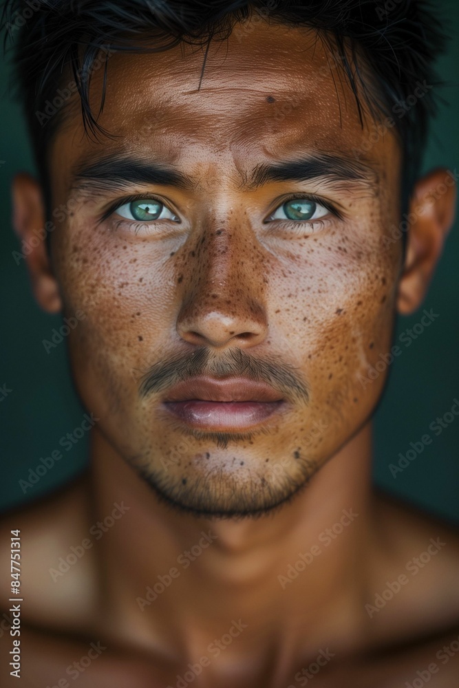 AI generated illustration of a close-up portrait of a male model with freckles and green eyes AI generated illustration of a close-up portrait of a male model with freckles and green eyes