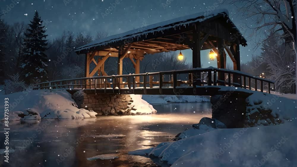 A wooden bridge covered in snow with a river flowing beneath it and snow-covered trees on the banks. There is a full moon in the sky and snow is falling. A wooden bridge covered in snow with a river flowing beneath it and snow-covered trees on the banks. There is a full moon in the sky and snow is falling.