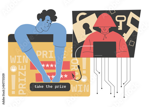 Illustration of a phishing scam with a hacker and a victim entering a password on a fraudulent site. Highlights the dangers of online fraud, cybercrime, and the importance of internet security.