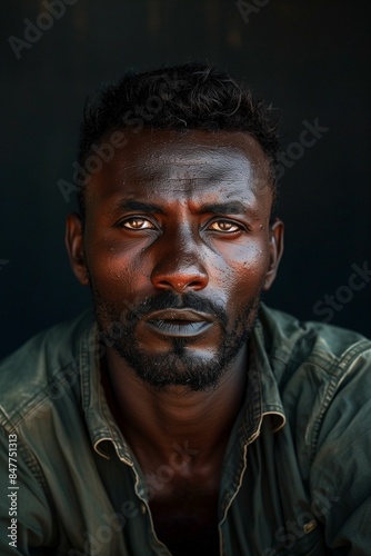 AI generated illustration of a close-up portrait of a young African man with intense gaze © Wirestock