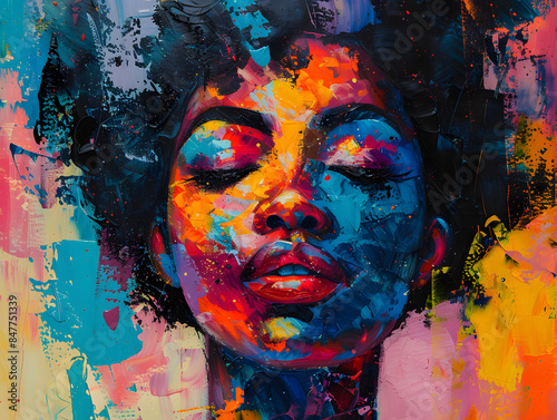 Abstract painting concept. Colorful art portrait of a black woman Oil color painting. Generative AI.