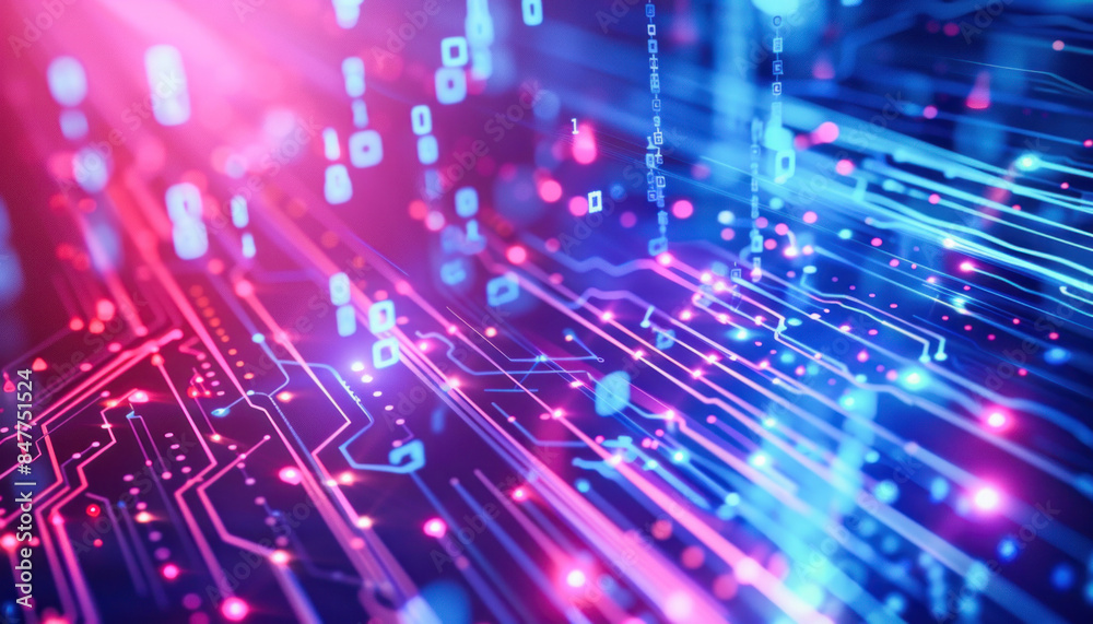 A detailed view of a circuit board can be seen with vibrant blue and red lights illuminating it A detailed view of a circuit board can be seen with vibrant blue and red lights illuminating it