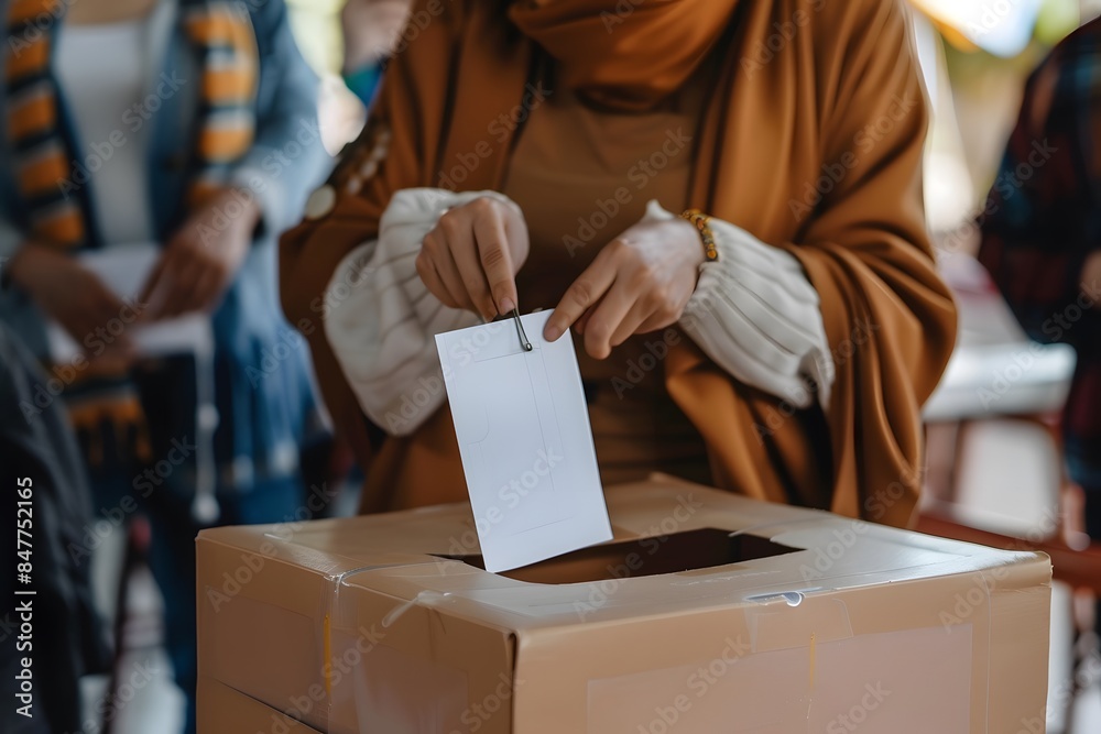A person entering a vote into a ballot box A person entering a vote into a ballot box