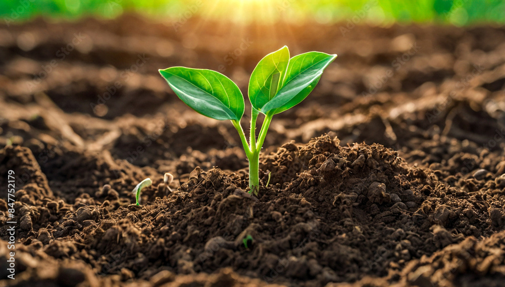 A young seedling sprouts from fertile soil, bathed in warm sunlight.symbolizing new life and growth in harmony with nature. Ideal for ecology, sustainability, and environmental awareness themes. A young seedling sprouts from fertile soil, bathed in warm sunlight.symbolizing new life and growth in harmony with nature. Ideal for ecology, sustainability, and environmental awareness themes.