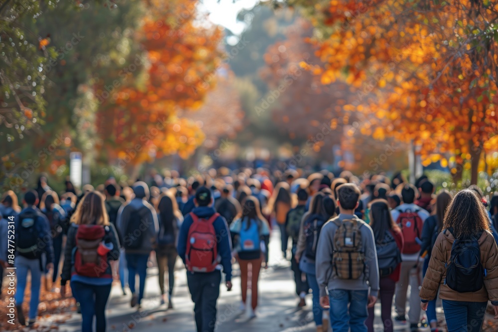 Crowd of students walking through a college campus on a sunny day, motion blur Crowd of students walking through a college campus on a sunny day, motion blur
