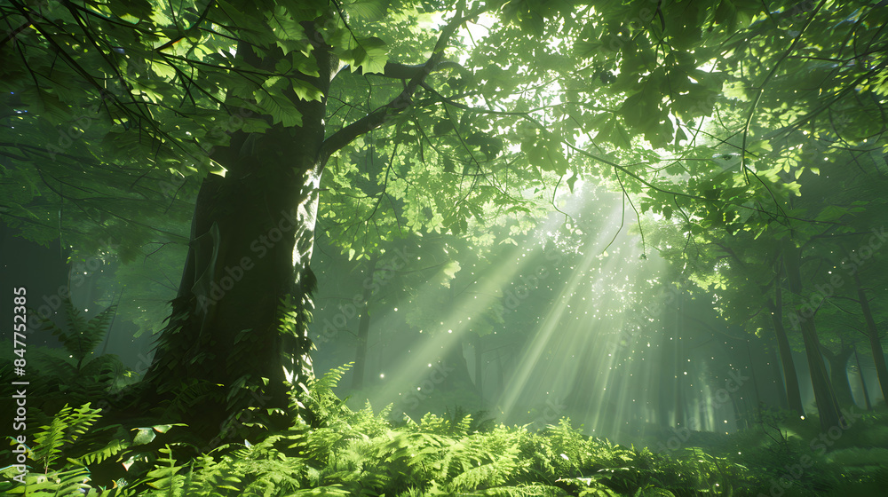 Obraz premium Sunlight Filtering Through Lush Forest Foliage background 