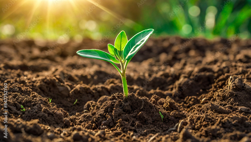 Fototapeta premium A young seedling sprouts from fertile soil, bathed in warm sunlight.symbolizing new life and growth in harmony with nature. Ideal for ecology, sustainability, and environmental awareness themes.
