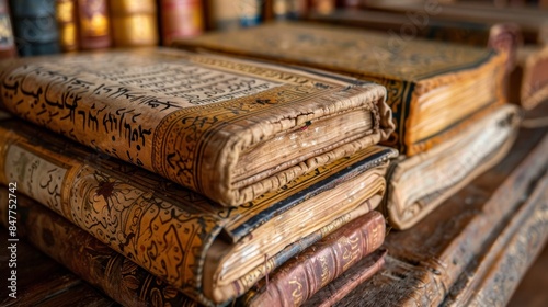 Embracing Diversity Close-Up of Quran, Torah, Bible, and Bhagavad Gita, Symbolizing Interfaith Harmony and Spiritual Unity photo