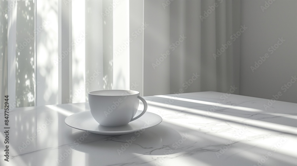 Sunlit White Coffee Cup on Marble Table with Soft Curtains in Minimalist Home Interior. Sunlit White Coffee Cup on Marble Table with Soft Curtains in Minimalist Home Interior.