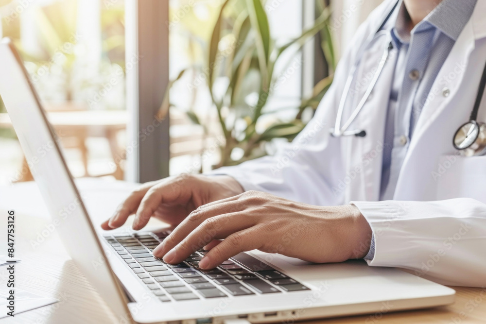 In a professional setting, a physician is sitting at a desk, utilizing a laptop for typing purposes In a professional setting, a physician is sitting at a desk, utilizing a laptop for typing purposes
