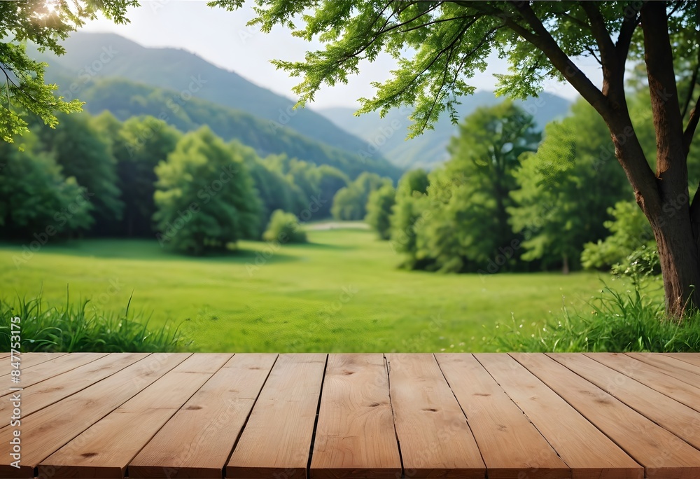 a wooden floor with a view of a green valley and trees a wooden floor with a view of a green valley and trees