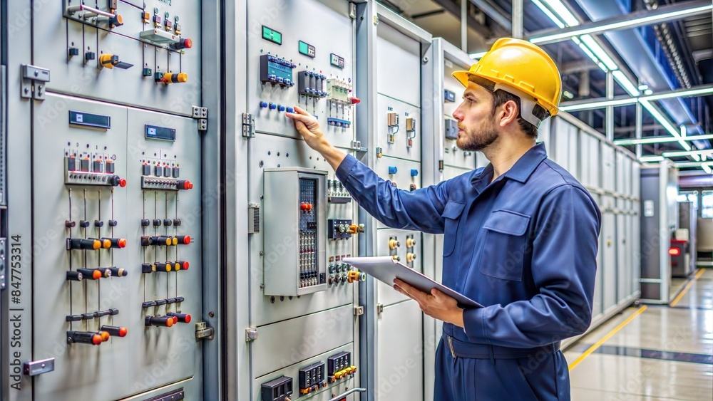 An electrical engineer in the QC department is inspecting the operation of the main switchboard cabinet in front of the cabinet in the production plant before delivering it to the customer. An electrical engineer in the QC department is inspecting the operation of the main switchboard cabinet in front of the cabinet in the production plant before delivering it to the customer.