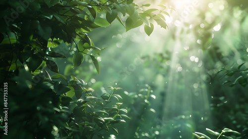 Sunlight Filtering Through Tea Leaves in Lush Green Forest background 