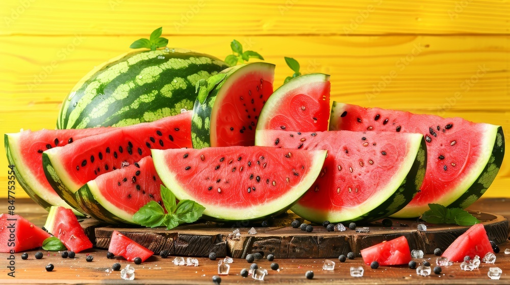 A bunch of juicy pieces of watermelon are drained and in ice water, neon style, bright yellow background, wide banner A bunch of juicy pieces of watermelon are drained and in ice water, neon style, bright yellow background, wide banner