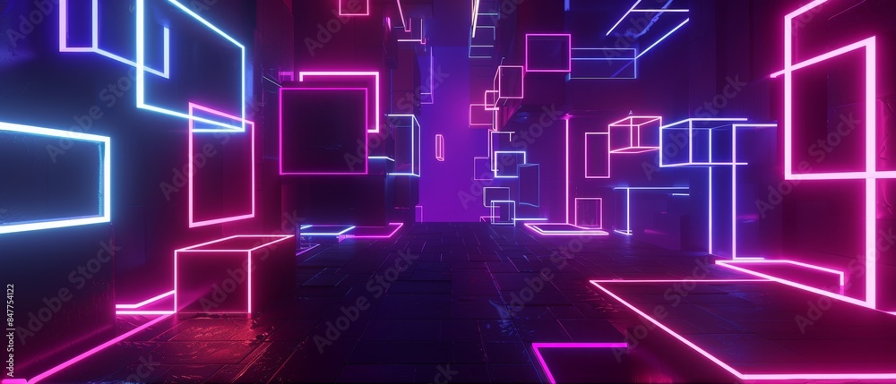 Futuristic Virtual Reality Portal with Abstract 3D Shapes and Radiant Neon Outlines Futuristic Virtual Reality Portal with Abstract 3D Shapes and Radiant Neon Outlines