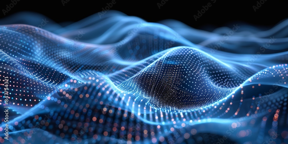 A sleek technology background with flowing wave patterns made of tiny glowing dots, creating a sense of movement