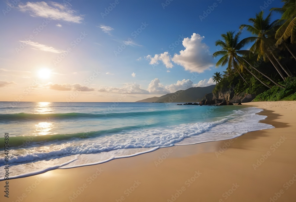 arafed view of a beach with a few palm trees and a blue sky arafed view of a beach with a few palm trees and a blue sky