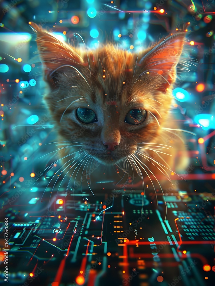 Futuristic anime-style cybernetic cat in a digital environment,surrounded by glowing data streams and illuminated by a high angle perspective. Futuristic anime-style cybernetic cat in a digital environment,surrounded by glowing data streams and illuminated by a high angle perspective.