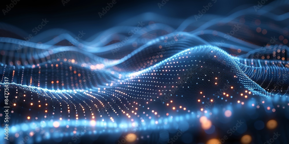 A sleek technology background with flowing wave patterns made of tiny glowing dots, creating a sense of movement A sleek technology background with flowing wave patterns made of tiny glowing dots, creating a sense of movement