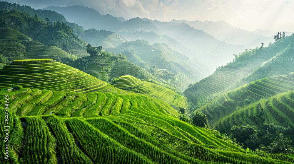 Terraced rice fields in Dazhai, China on a sunny day Terraced rice fields in Dazhai, China on a sunny day
