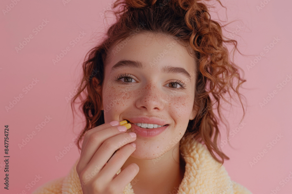 Beautiful woman face with collagen pill, dietary supplements in hands, capsules banner, mineral pills Beautiful woman face with collagen pill, dietary supplements in hands, capsules banner, mineral pills