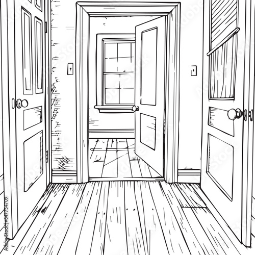 Empty rooms in farmhouse style for kids coloring book, black vector illustration on white background