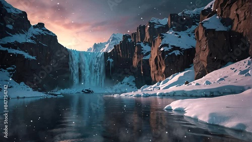 Video a frozen waterfall in a snowy mountain landscape. photo