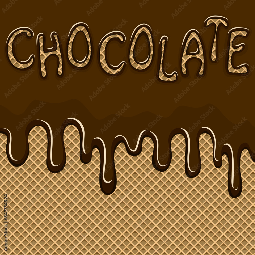 Wafer background with chocolate text.Flowing chocolate with text on waffle background in color vector illustration. Wafer background with chocolate text.Flowing chocolate with text on waffle background in color vector illustration.