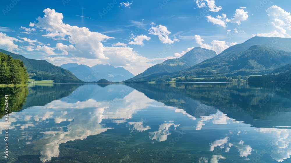 Obraz premium Scenic view of Astberg reservoir in Tirol with mountain reflections